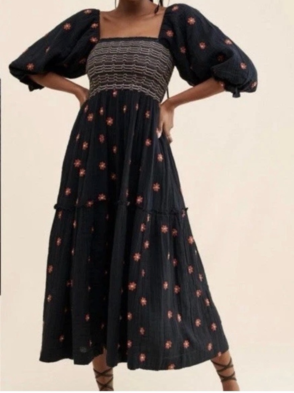 Free People Dahlia Embroidered Maxi Dress S /M Tiered Smocked Black Combo Boho - Picture 2 of 15